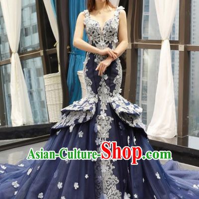 Top Grade Compere Deep Blue Fishtail Full Dress Princess Trailing Wedding Dress Costume for Women