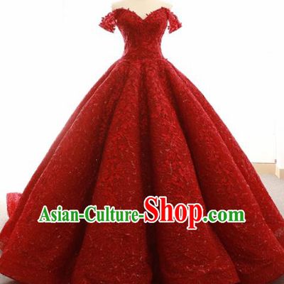 Top Grade Compere Trailing Full Dress Princess Red Wedding Dress Costume for Women