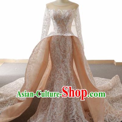 Top Grade Compere Trailing Full Dress Princess Pink Lace Wedding Dress Costume for Women
