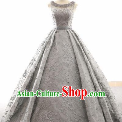 Top Grade Compere Grey Full Dress Princess Embroidered Wedding Dress Costume for Women