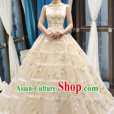 Top Grade Compere Beige Trailing Full Dress Princess Embroidered Wedding Dress Costume for Women