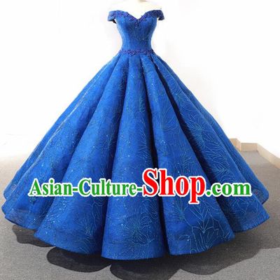 Top Grade Compere Blue Bubble Full Dress Princess Embroidered Wedding Dress Costume for Women