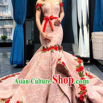 Top Grade Compere Trailing Full Dress Princess Pink Fishtail Wedding Dress Costume for Women