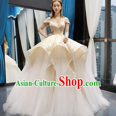 Top Grade Champagne Wedding Gown Bride Costume Veil Trailing Full Dress Princess Dress for Women