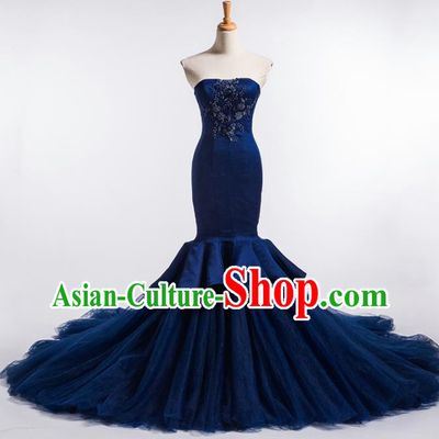 Top Grade Compere Navy Veil Fishtail Full Dress Princess Embroidered Wedding Dress Costume for Women
