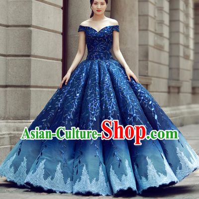 Top Grade Compere Royalblue Bubble Full Dress Princess Embroidered Wedding Dress Costume for Women