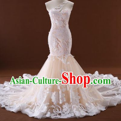 Top Grade Compere Champagne Veil Trailing Full Dress Princess Embroidered Lace Wedding Dress Costume for Women