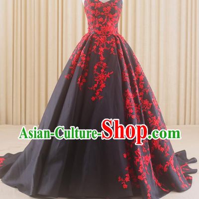 Top Grade Compere Black Trailing Full Dress Princess Embroidered Wedding Dress Costume for Women