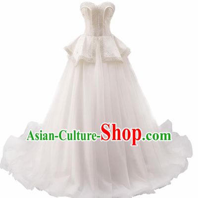 Top Grade Compere White Veil Trailing Full Dress Princess Embroidered Wedding Dress Costume for Women