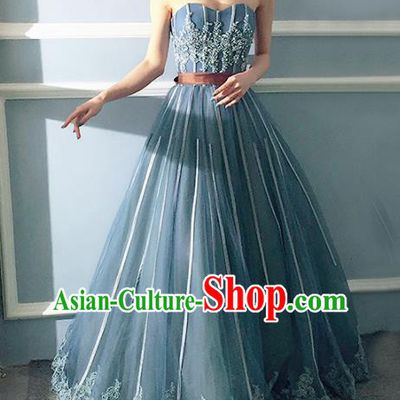 Top Grade Compere Blue Veil Full Dress Princess Embroidered Wedding Dress Costume for Women