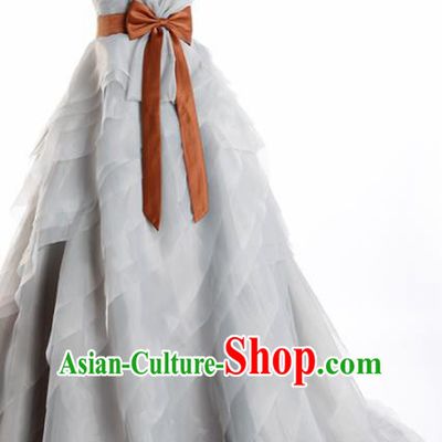 Top Grade Compere Grey Veil Full Dress Princess Trailing Wedding Dress Costume for Women