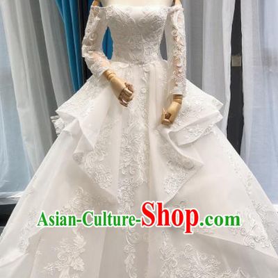 Top Grade Embroidered Wedding Gown Bride Costume White Bubble Full Dress Princess Dress for Women
