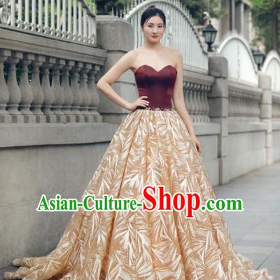 Top Grade Compere Golden Veil Trailing Full Dress Princess Embroidered Wedding Dress Costume for Women