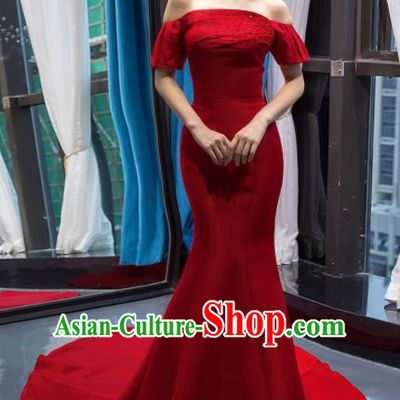 Top Grade Compere Red Full Dress Princess Trailing Wedding Dress Costume for Women