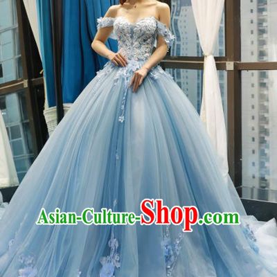 Top Grade Compere Blue Veil Full Dress Princess Trailing Wedding Dress Costume for Women