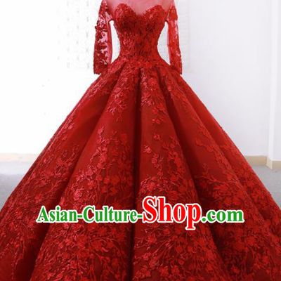 Top Grade Compere Red Bubble Full Dress Princess Embroidered Trailing Wedding Dress Costume for Women