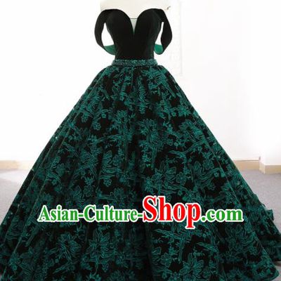 Top Grade Compere Green Embroidered Full Dress Princess Trailing Wedding Dress Costume for Women