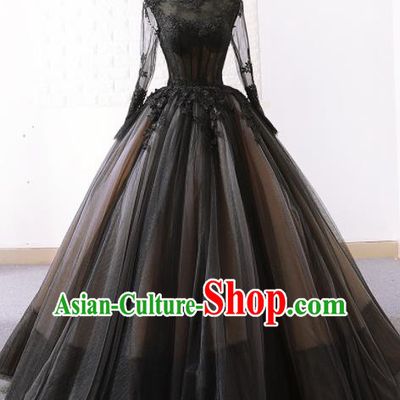 Top Grade Compere Embroidered Black Veil Full Dress Princess Trailing Wedding Dress Costume for Women