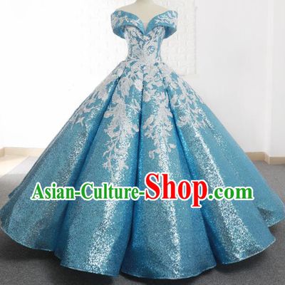 Top Grade Compere Light Blue Paillette Full Dress Princess Embroidered Bubble Wedding Dress Costume for Women