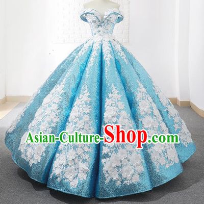 Top Grade Compere Blue Paillette Full Dress Princess Embroidered Bubble Wedding Dress Costume for Women