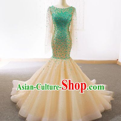 Top Grade Compere Green Paillette Full Dress Princess Champagne Veil Wedding Dress Costume for Women