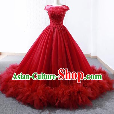 Top Grade Compere Full Dress Princess Red Veil Trailing Wedding Dress Costume for Women
