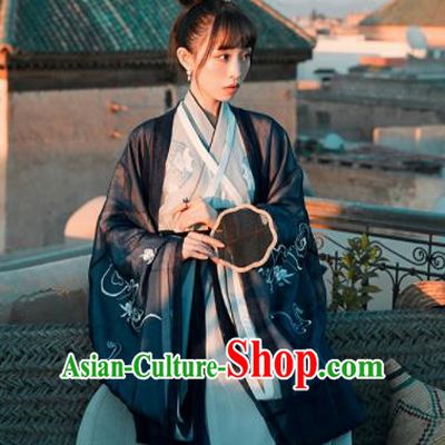 Chinese Traditional Navy Hanfu Dress Ancient Jin Dynasty Imperial Consort Embroidered Costume for Women