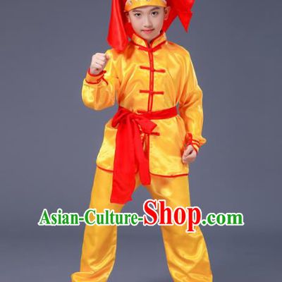 Chnese Traditional Folk Dance Costume Martial Arts Kung Fu Yellow Clothing for Kids