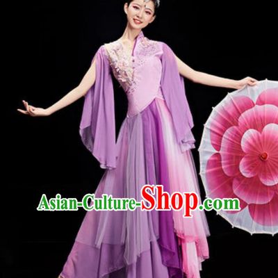 Chinese National Classical Dance Purple Costume Traditional Umbrella Dance Dress for Women