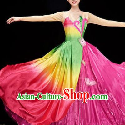 Chinese National Classical Dance Lotus Dance Rosy Costume Traditional Umbrella Dance Dress for Women