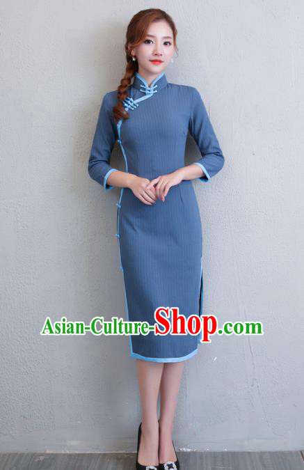 Asian Chinese Traditional Cheongsam Classical Tang Suit Navy Qipao Dress for Women Asian Chinese Traditional Cheongsam Classical Tang Suit Navy Qipao Dress for Women
