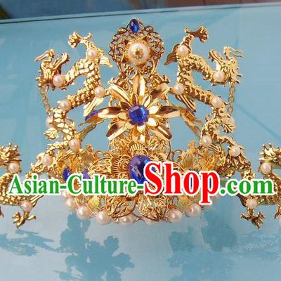 Chinese Traditional Goddess Hair Accessories Ancient Blue Crystal Phoenix Coronet for Women