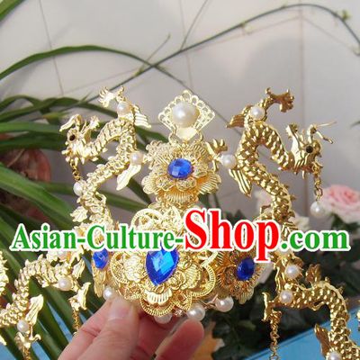 Chinese Traditional God of Wealth Hair Accessories Ancient Prince Golden Dragon Hairdo Crown for Men