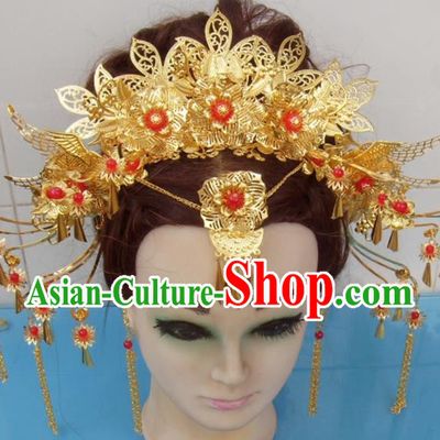 Chinese Traditional Goddess Hairpins Golden Phoenix Coronet Ancient Bride Hair Accessories for Women