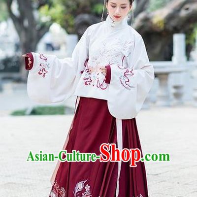Chinese Traditional Wine Red Hanfu Dress Ancient Ming Dynasty Palace Princess Embroidered Costume for Women