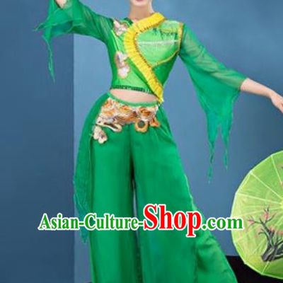 Chinese National Folk Dance Green Costume Traditional Yangko Dance Fan Dance Clothing for Women