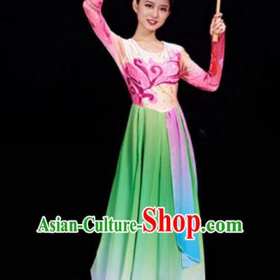Chinese National Classical Dance Umbrella Dance Dress Traditional Lotus Dance Green Costume for Women