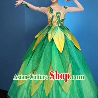 Chinese Traditional Chorus Green Bubble Dress Opening Dance Modern Dance Costume for Women