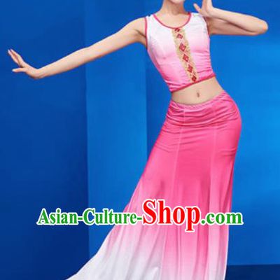 Chinese Traditional Ethnic Folk Dance Pink Dress Dai Nationality Peacock Dance Costume for Women