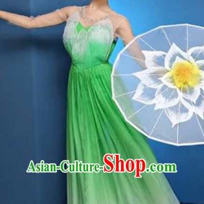 Chinese National Classical Dance Green Dress Traditional Lotus Dance Umbrella Dance Costume for Women