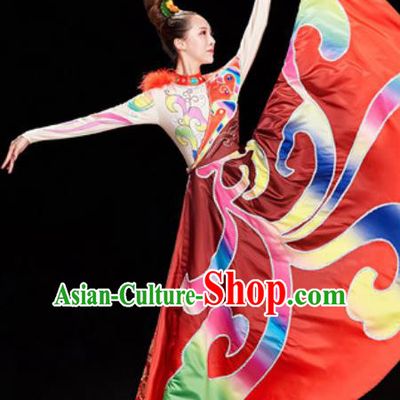 Chinese Traditional Ethnic Folk Dance Red Dress Mongol Nationality Dance Costume for Women