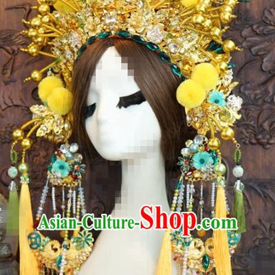 Chinese Traditional Handmade Hair Accessories Ancient Queen Luxury Yellow Venonat Phoenix Coronet Headwear for Women