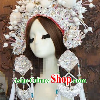 Chinese Traditional Handmade Hair Accessories Ancient Queen Luxury White Crystal Phoenix Coronet Headwear for Women