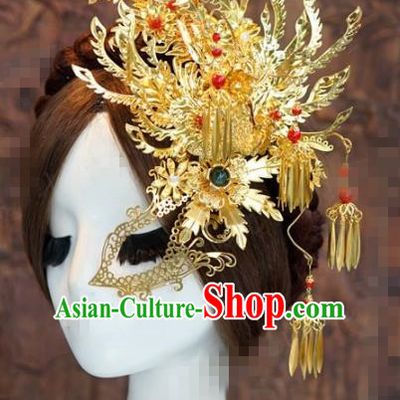 Chinese Traditional Handmade Hair Accessories Ancient Queen Golden Phoenix Hairpins Headwear for Women