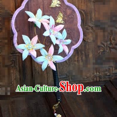 Chinese Traditional Palace Fans Ancient Queen Velvet Flowers Round Fans for Women