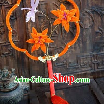 Chinese Traditional Palace Fans Ancient Queen Orange Velvet Lotus Round Fans for Women