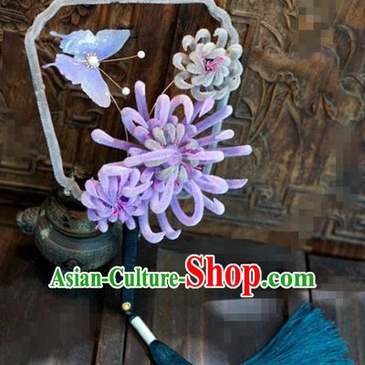 Chinese Traditional Palace Fans Ancient Queen Purple Velvet Chrysanthemum Round Fans for Women