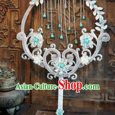 Chinese Traditional Palace Fans Ancient Queen Grey Velvet Round Fans for Women