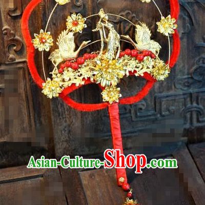 Chinese Traditional Wedding Palace Fans Ancient Queen Red Round Fans for Women