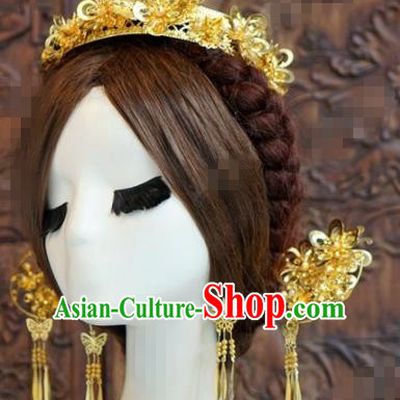 Chinese Traditional Handmade Golden Hair Crown Ancient Hairpins Hair Accessories Complete Set for Women